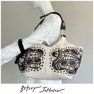 BETSEY JOHNSON White Leather Brown Crochet Eyelet Studded Shoulder Bag Tote